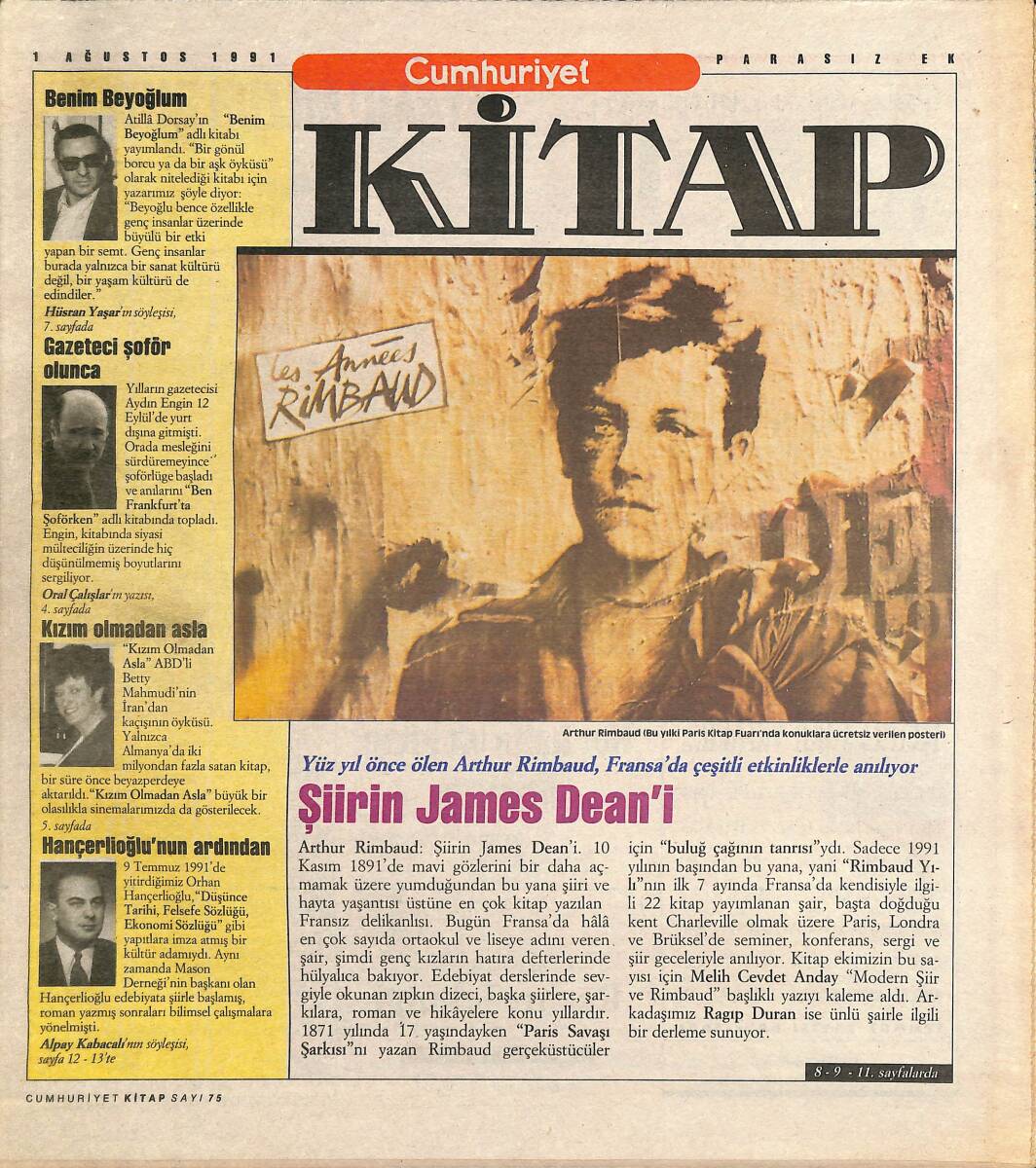 Cumhuriyet Gazetesi Kitap Eki 1 Ağustos 1991 - Şiirin James Dean'i GZ3828 - 1