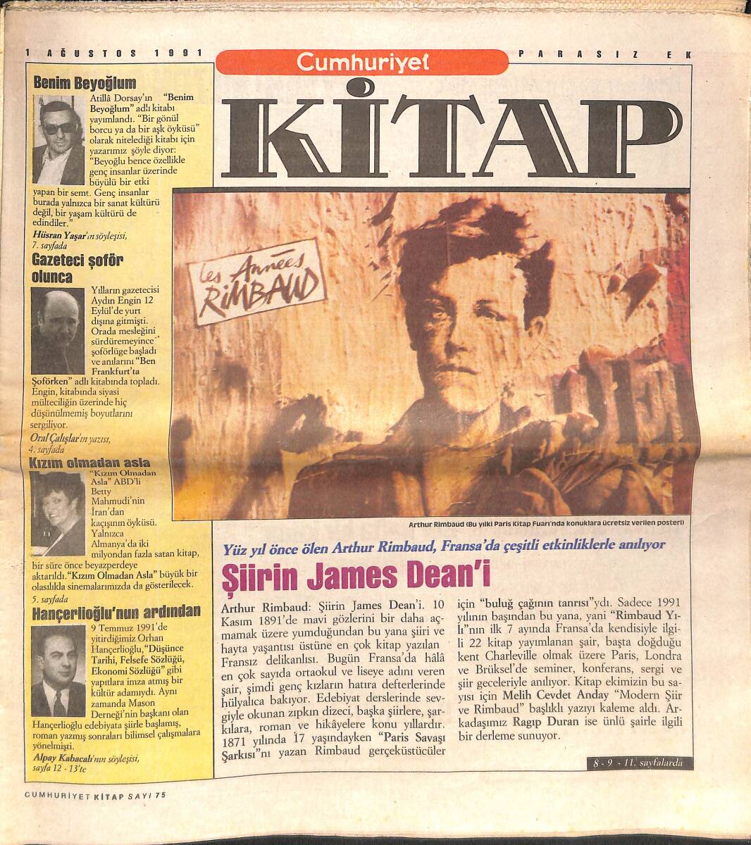 Cumhuriyet Gazetesi Kitap Eki 1 Ağustos 1991 - Yüz Yıl Önce Ölen Arthur Rimbaud Fransa'da Çeşitli Etkinliklerle Anılıyor GZ137567 - 1