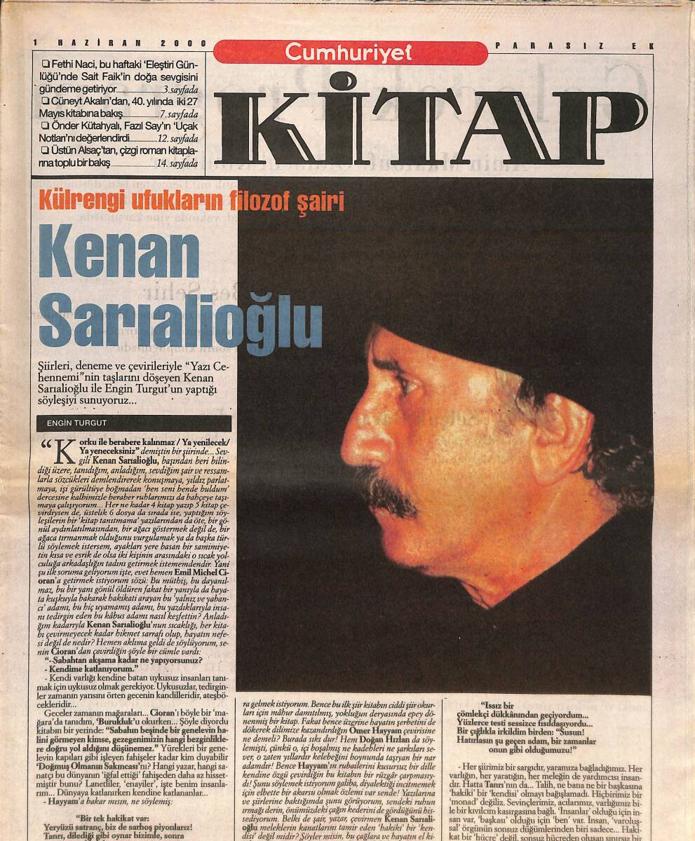 Cumhuriyet Gazetesi Kitap Eki 1 Haziran 2000 - Külrengi Ufukların Filozof Şairi Kenan Sarıalioğlu - Sait Faik Ve Doğa GZ137628 - 1