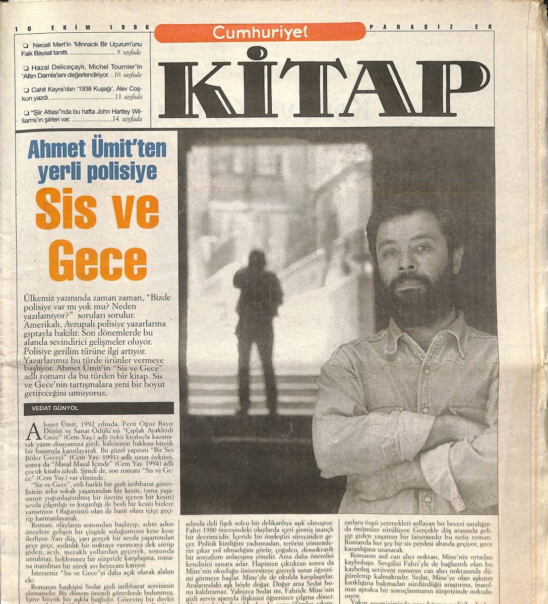 Cumhuriyet Gazetesi Kitap Eki 10 Ekim 1996 - Ahmet Ümit'ten Yerli Polisiye 'Sis Ve Gece' - Gezginlerin Gözüyle İzmir GZ137615 - 1
