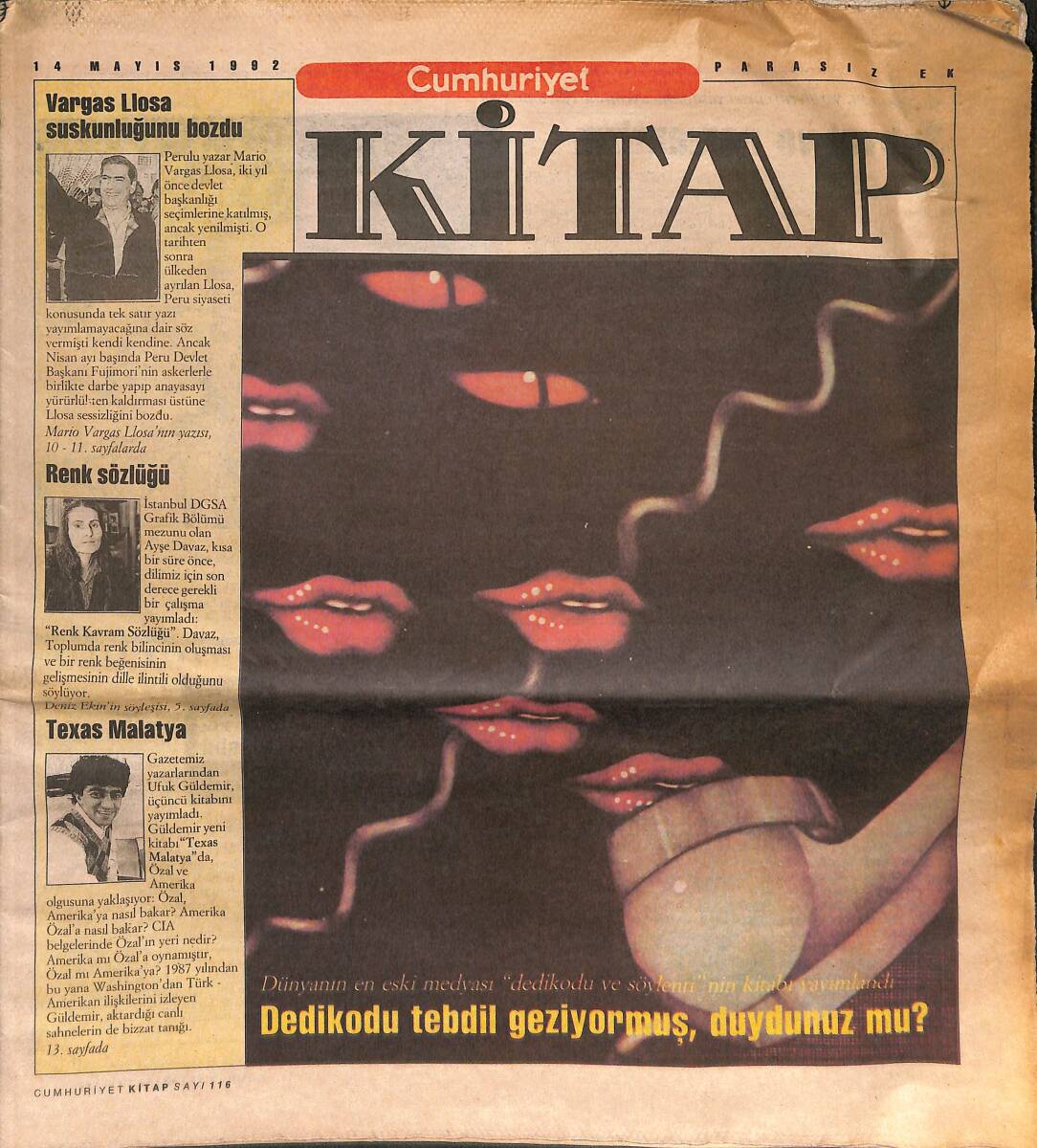 Cumhuriyet Gazetesi Kitap Eki 14 Mayıs 1992 - Vargas Llosa Suskunluğunu Bozdu: Lima'daki Diktatöre Hayır - Texas Malatya GZ137588 - 1