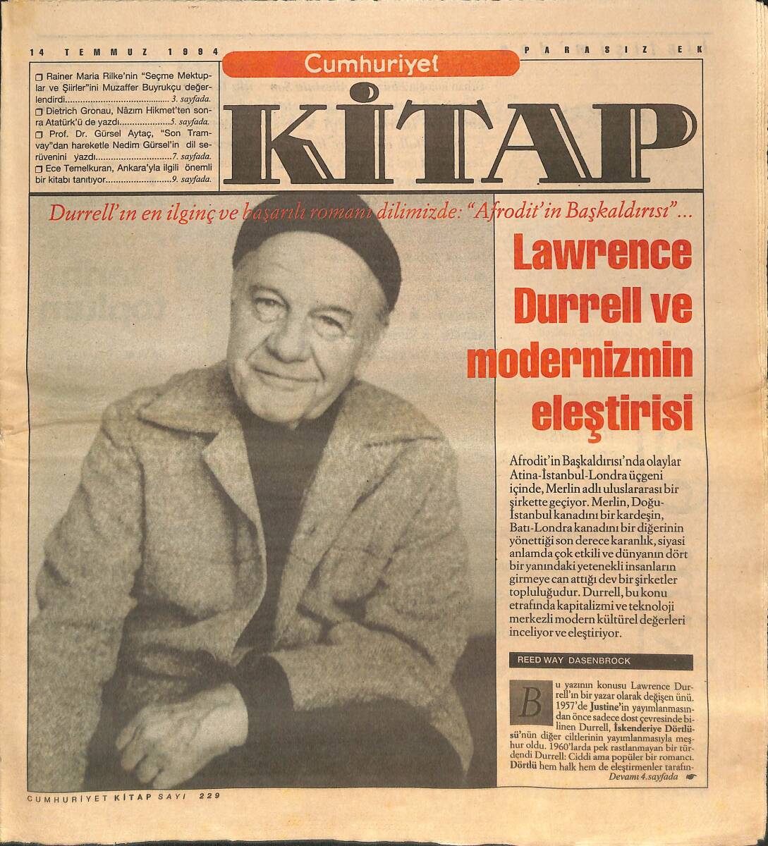 Cumhuriyet Gazetesi Kitap Eki 14 Temmuz 1994 - Lawrance Durrell'in En İlginç Başarılı Romanı Dilimizde: Afrodit'in Başkaldırısı GZ137541 - 1