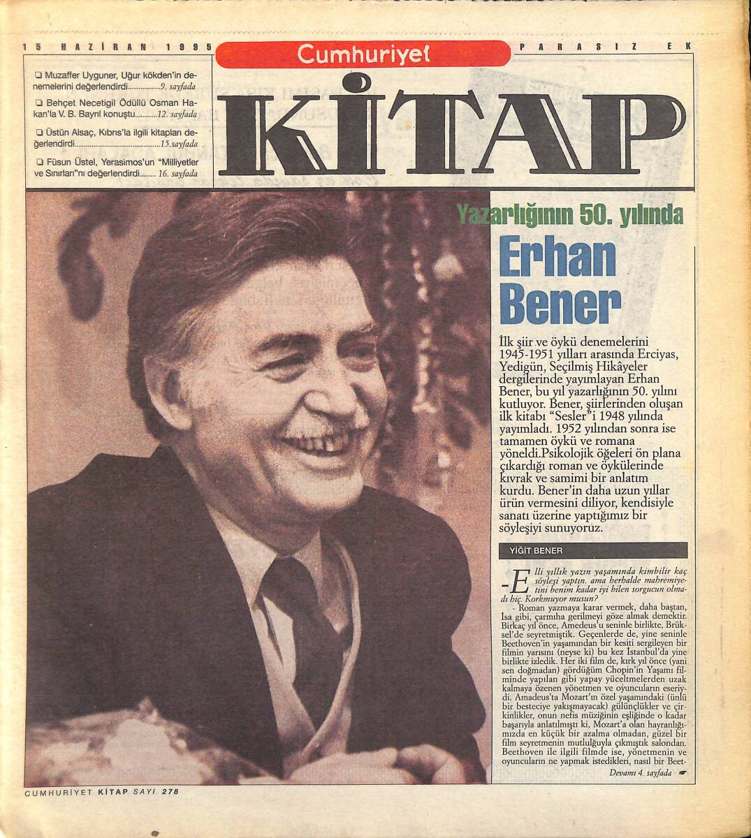 Cumhuriyet Gazetesi Kitap Eki 15 Haziran 1995 - Yazarlığının 50.Yılında Erhan Bener GZ155649 - 1