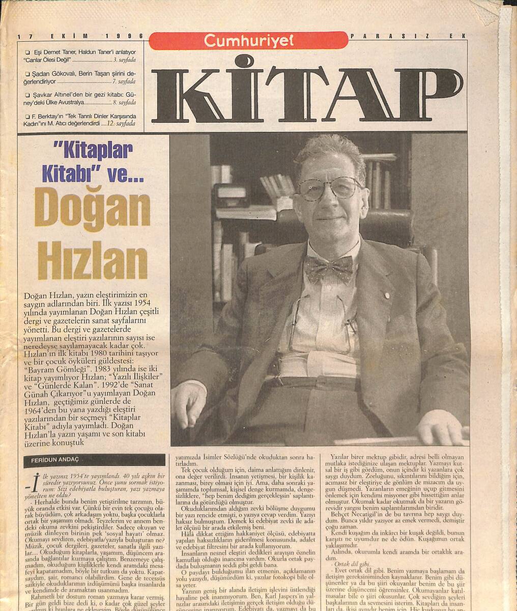 Cumhuriyet Gazetesi Kitap Eki 17 Ekim 1996 - Kitaplar Kitabı Ve Doğan Hızlan - İki Kültür Birbirini Yeni Tanıyor GZ137621 - 1