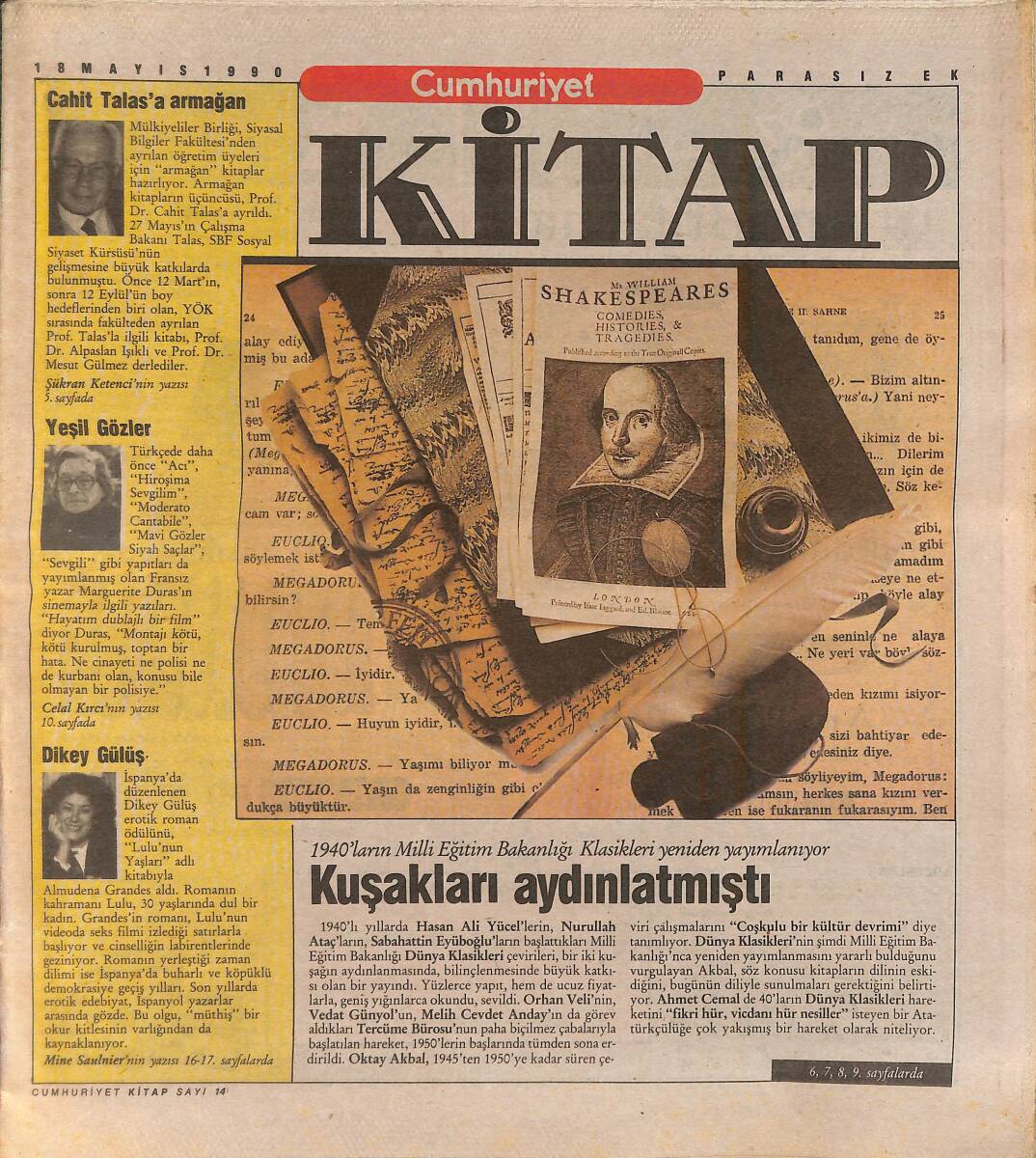 Cumhuriyet Gazetesi Kitap Eki 18 Mayıs 1990 - 1940'ların Milli Eğitim Bakanlığı Klasikleri Yeniden Yayımlanıyor - Cahit Talas GZ137520 - 1