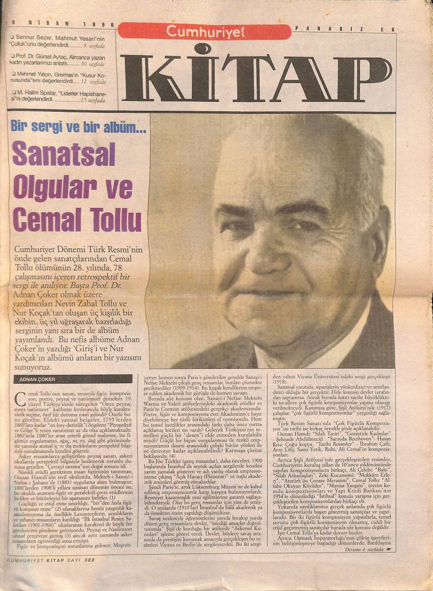 Cumhuriyet Gazetesi Kitap Eki 18 Nisan 1996 - Bir Sergi Ve Bir Albüm... Sanatsal Olgular Ve Cemal Tollu GZ137587 - 1