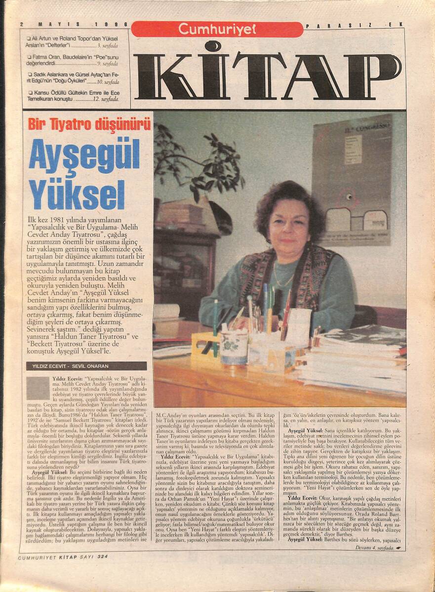 Cumhuriyet Gazetesi Kitap Eki 2 Mayıs 1996 - Bir Tiyatro Düşünürü Ayşegül Yüksel - Ünlü Bahtsızlar: Baudelarie Ve Poe GZ137525 - 1