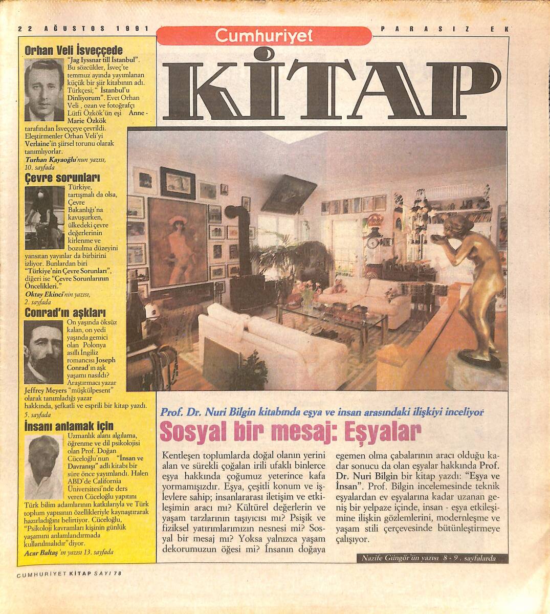 Cumhuriyet Gazetesi Kitap Eki 22 Ağustos 1991 - Orhan Veli İsveççede - Conrad'ın Aşkları - FBI Böyle Söylüyor GZ137369 - 1