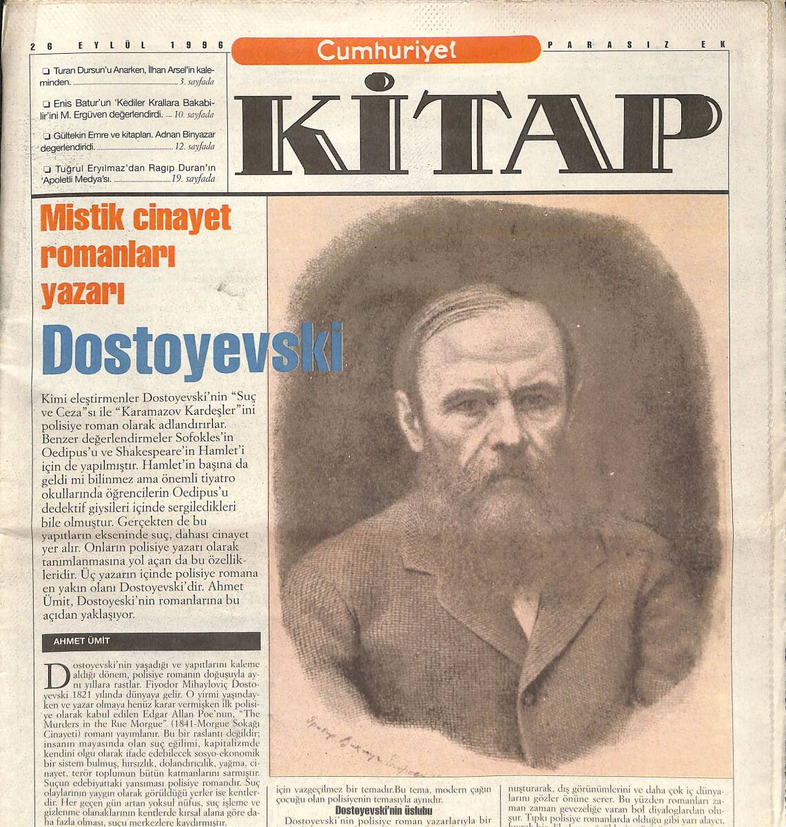 Cumhuriyet Gazetesi Kitap Eki 26 Eylül 1996 - Mistik Cinayet Romanları Yazarı Dostoyevski - Sözcüklerin Kapısını Çalan Bir Şair GZ137616 - 1