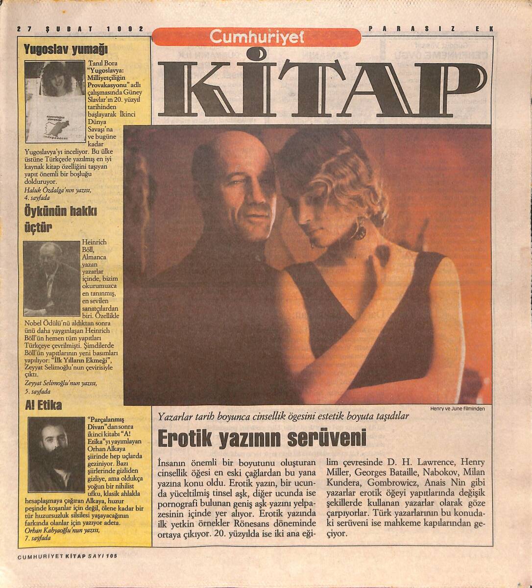 Cumhuriyet Gazetesi Kitap Eki 27 Şubat 1992 - Erotik Yazını Serüveni - Yugoslav Yumağı - Karaköy Vapur İskelesi'nde Sergi: Şiirin Palamarı GZ137393 - 1
