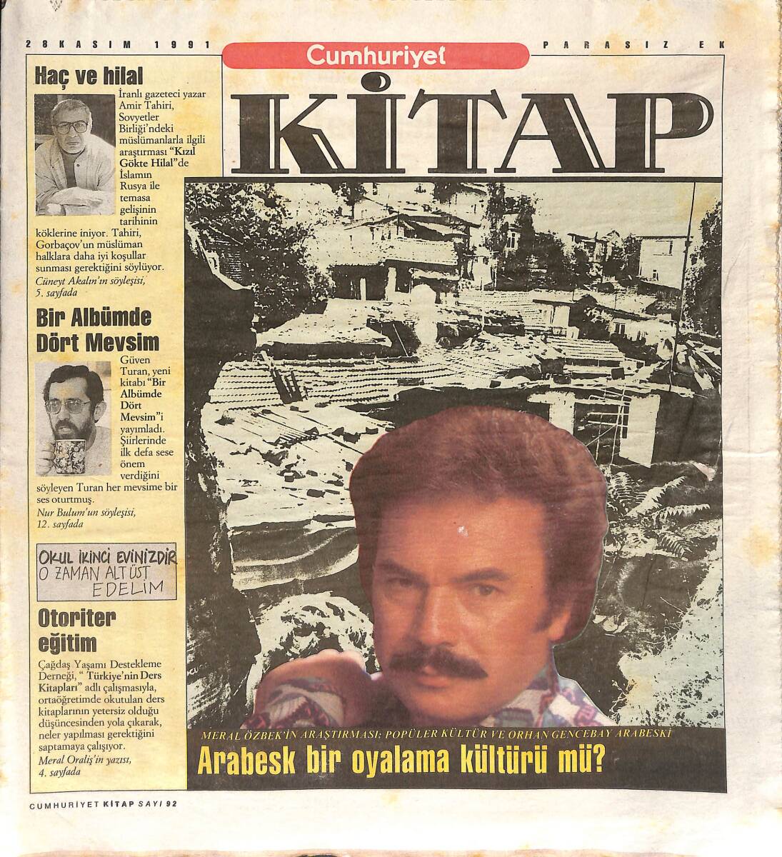 Cumhuriyet Gazetesi Kitap Eki 28 Kasım 1991 - Meral Özbek'in Araştırması: Kültür Ve Orhan Gencebay Arabeski - Yeniden Boris Vian GZ137380 - 1