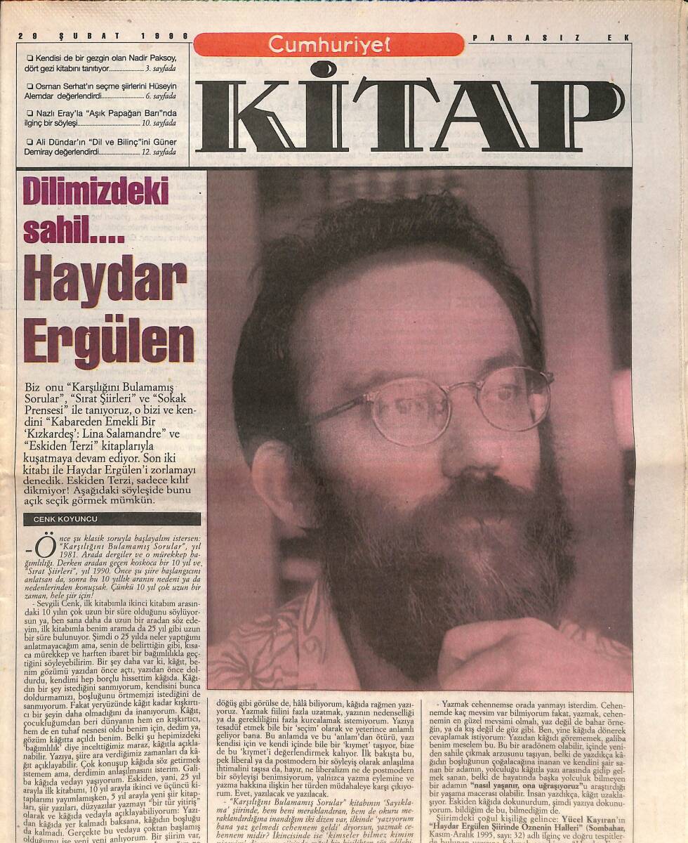 Cumhuriyet Gazetesi Kitap Eki 28 Şubat 1996 - Dilimizdeki Sahil... Haydar Ergülen - Sırt Çantamın Dört Atlısı GZ137602 - 1