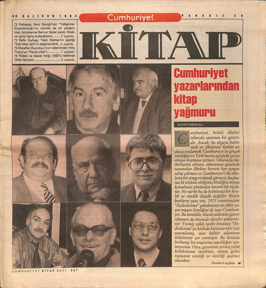 Cumhuriyet Gazetesi Kitap Eki 30 Haziran 1994 - Cumhuriyet Yazarlarından Kitap Yağmuru - Hıfzı Topuz'dan Bir Dönemin Anıları GZ137539 - 1