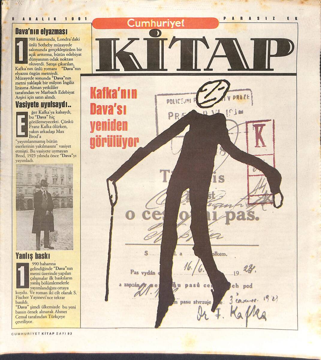 Cumhuriyet Gazetesi Kitap Eki 5 Aralık 1991 - Kafka'nım Dava'sı Yeniden Görülüyor - Red Kit Geliyor GZ137381 - 1