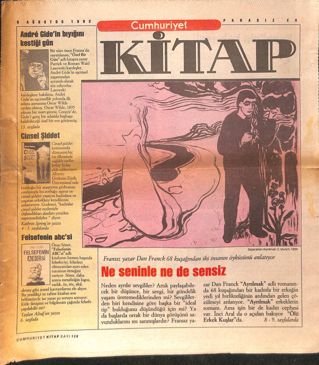 Cumhuriyet Gazetesi Kitap Eki 6 Ağustos 1992 - Andre Gide'nin Bıyığını Kestiği Gün GZ154530 - 1
