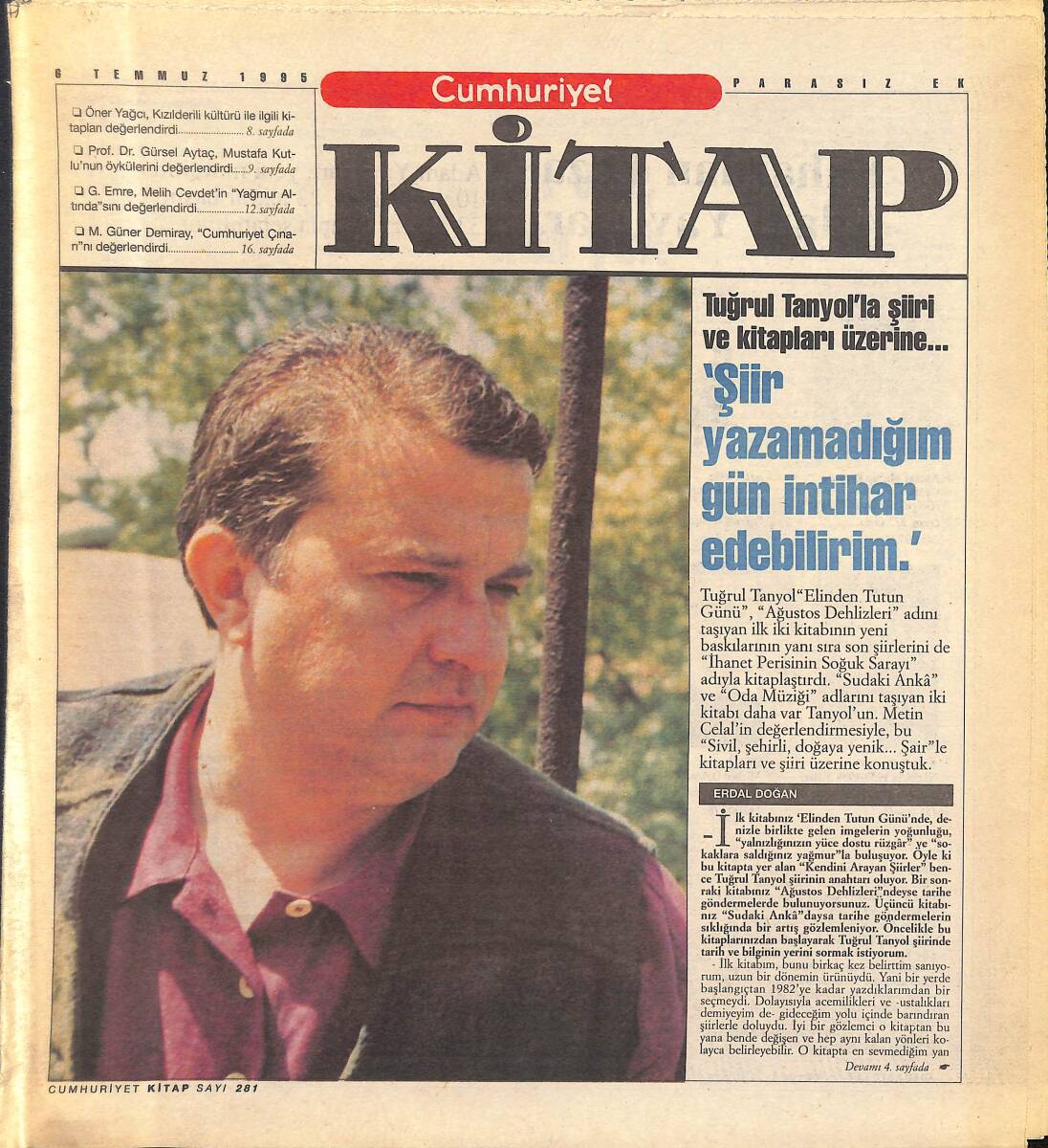 Cumhuriyet Gazetesi Kitap Eki 6 Temmuz 1995 - Tuğrul Tanyol'la Şiiri Ve Kitapları Üzerine... GZ155643 - 1