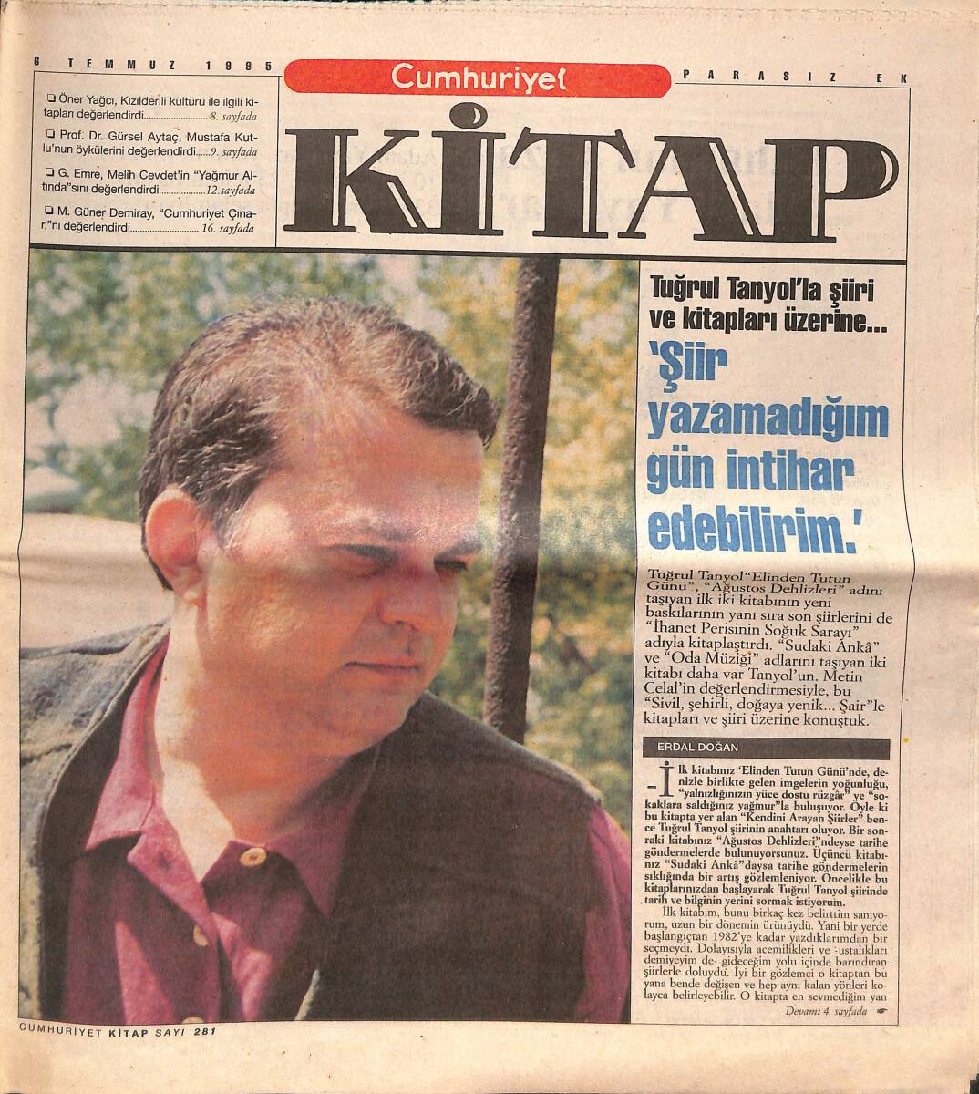 Cumhuriyet Gazetesi Kitap Eki 6 Temmuz 1995 - Tuğrul Tanyol'la Şiiri Ve Kitapları Üzerine 