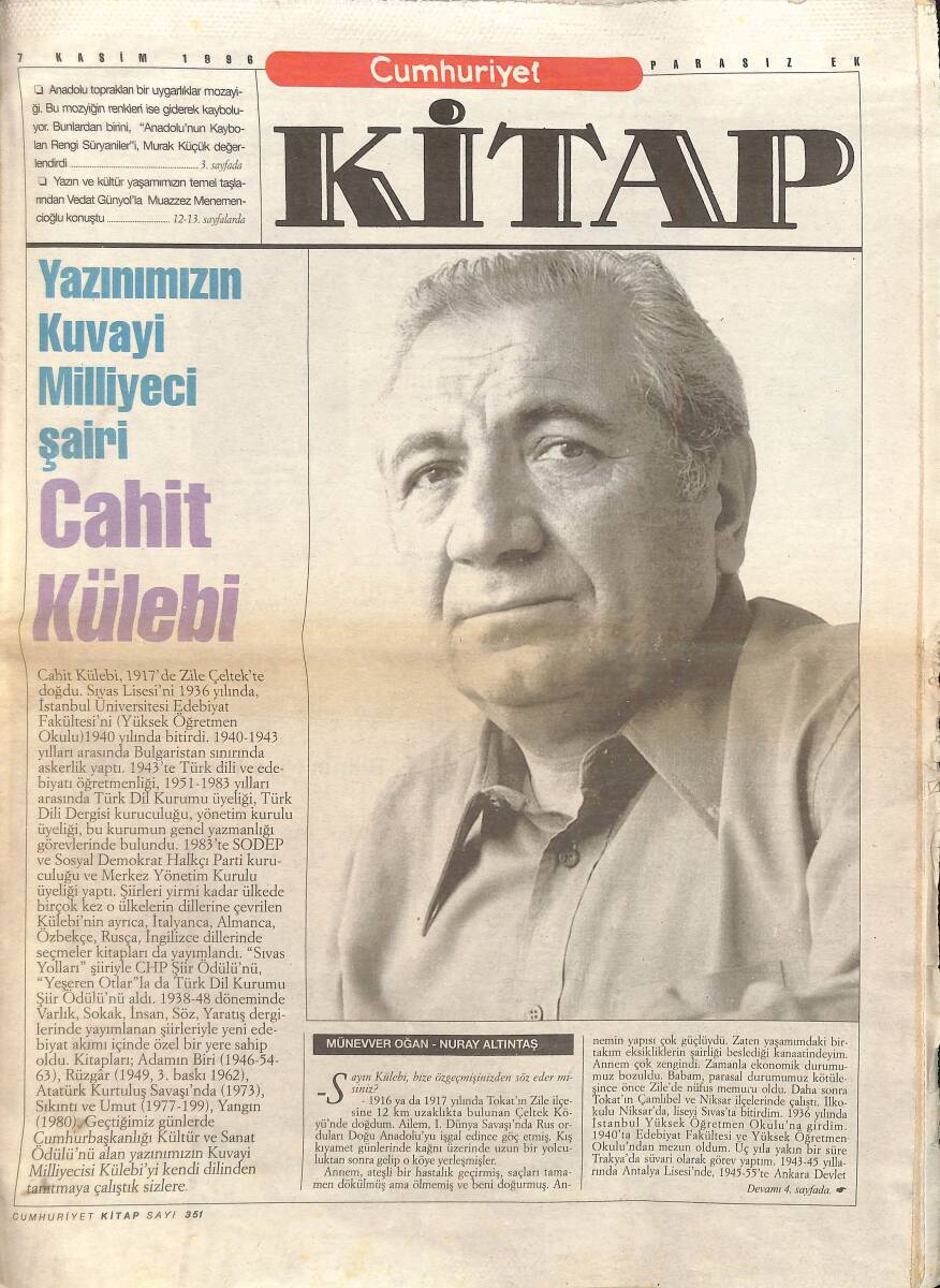Cumhuriyet Gazetesi Kitap Eki 7 Kasım 1996 - Yazınımızın Kuvayi Milliye Şairi: Cahit Külebi - Yakup Bilgiden Süryaniler GZ137532 - 1