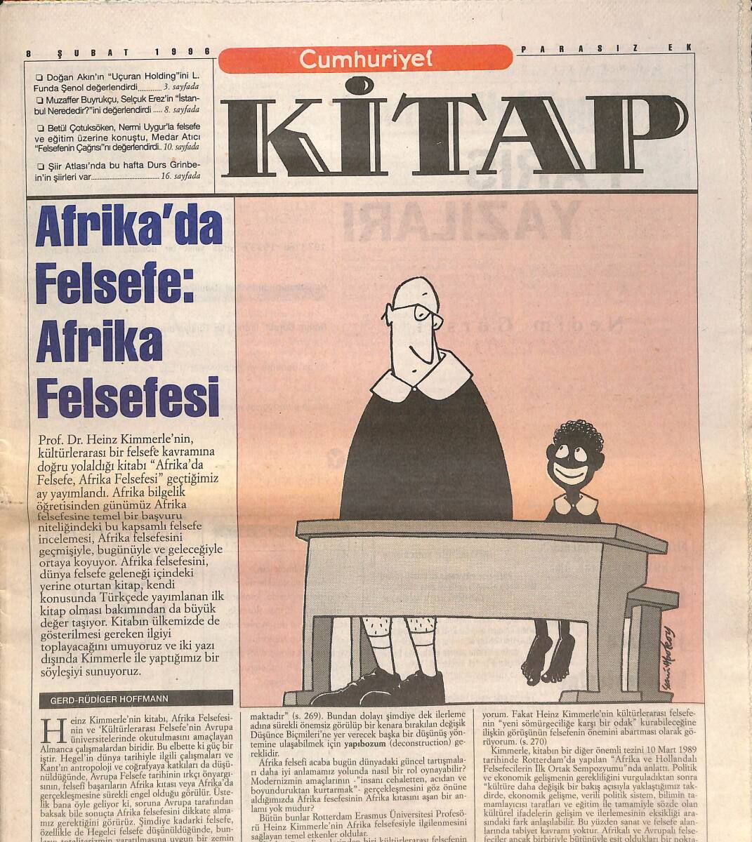 Cumhuriyet Gazetesi Kitap Eki 8 Şubat 1996 - Afrika'da Felsefe: Afrika Felsefesi - Bütün Kültürler Aynı Yaştadır! GZ137603 - 1