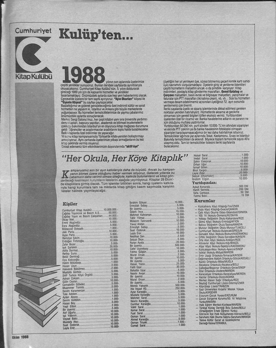 Cumhuriyet Gazetesi Kitap Kulübü Ekim 1988 - Her Okula Her Köye Kitaplık - Ayın Okurları GZ137570 - 1