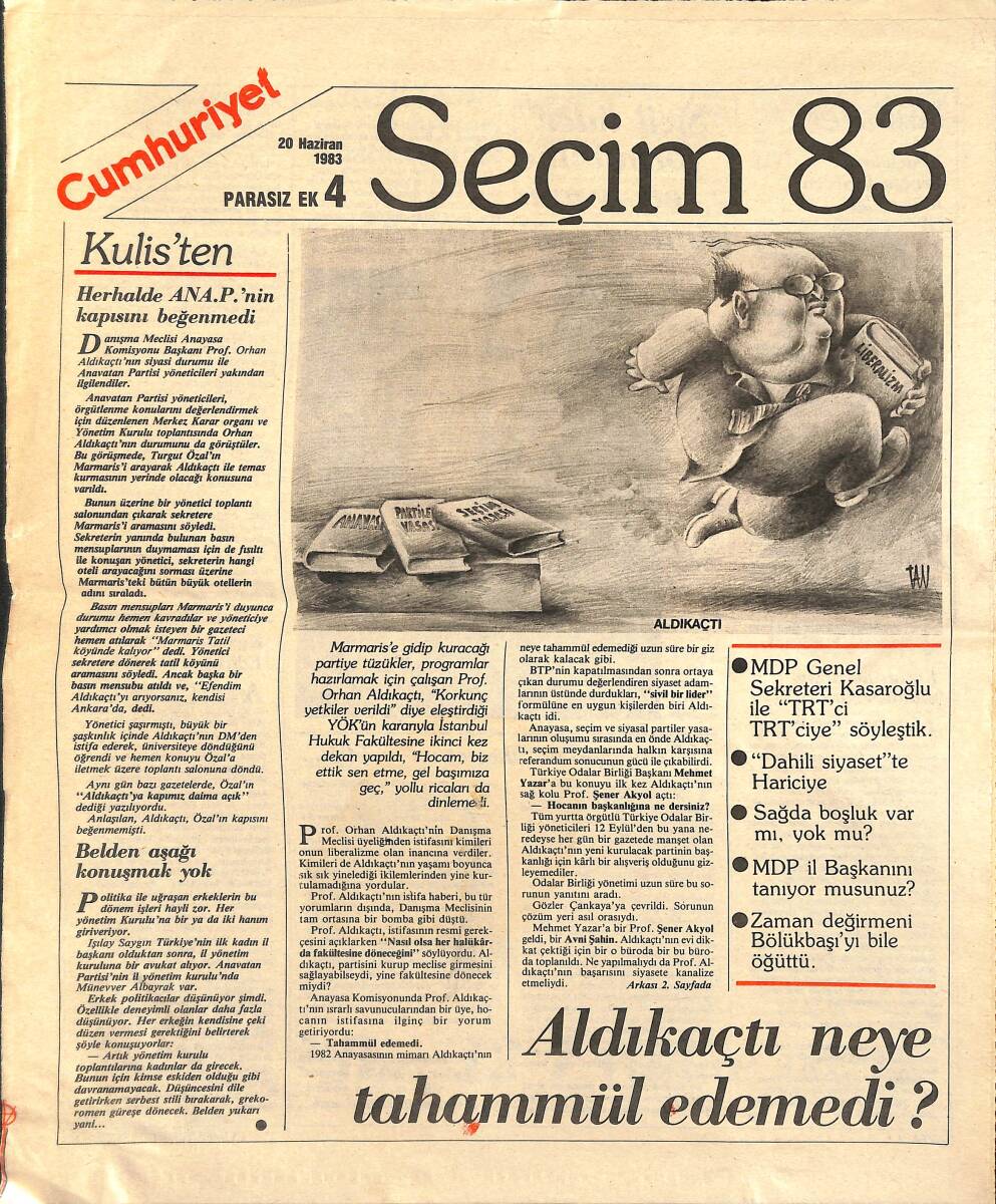 Cumhuriyet Gazetesi Seçim 83 Eki 20 Haziran 1983 - SODEP İncelemeyi Bekliyor GZ155385 - 1