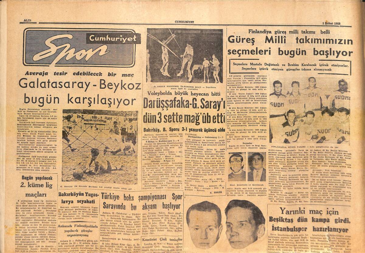 Cumhuriyet Spor Gazetesi 1 Şubat 1958 - Türkiye Boks Şampiyonası Spor Sarayı'nda Bu Akşam Başlıyor - Darüşşafaka- G.Saray'ı Dün 3 Sette Mağlub Etti! GZ139224 - 1