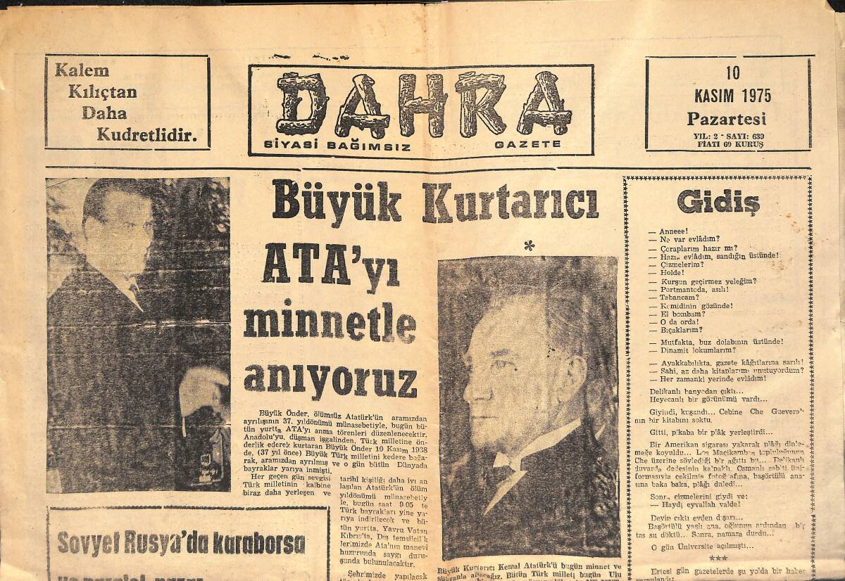 DAHRA Siyasi Bağımsız Gazete 10 Kasım 1975 - Büyük Kurtarıcı ATA'yı minnetle anıyoruz, Arka Kapak Gaziantepspor Haberi GZ134719 - 1