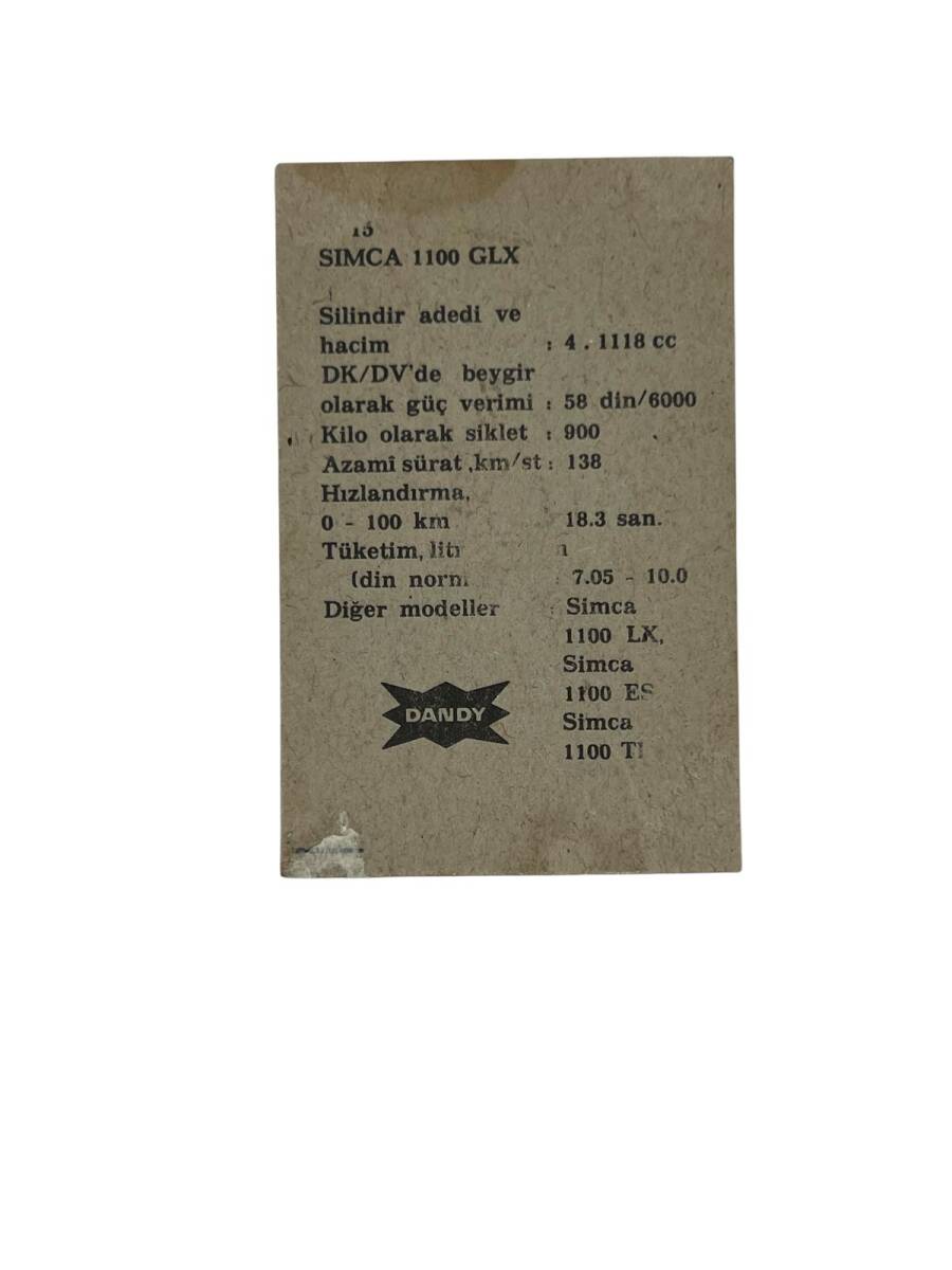 DANDY Sakızı Otomobiller Serisi -SIMCA 1100 GLX - No A 15 # SKZ1662 - 2
