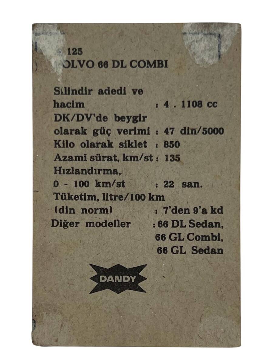 DANDY Sakızı Otomobiller Serisi -VOLVO 66 DL COMBI - No A 125 # SKZ11705 - 2