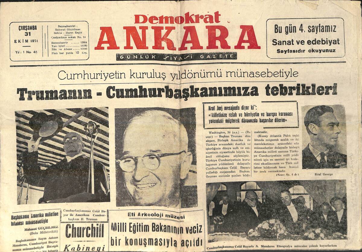 Demokrat Ankara Gazetesi 31 Ekim 1951 - Truman'ın Cumhurbaşkanımıza Tebrikleri - Çin Sularındaki Korsanlık GZ157092 - 1