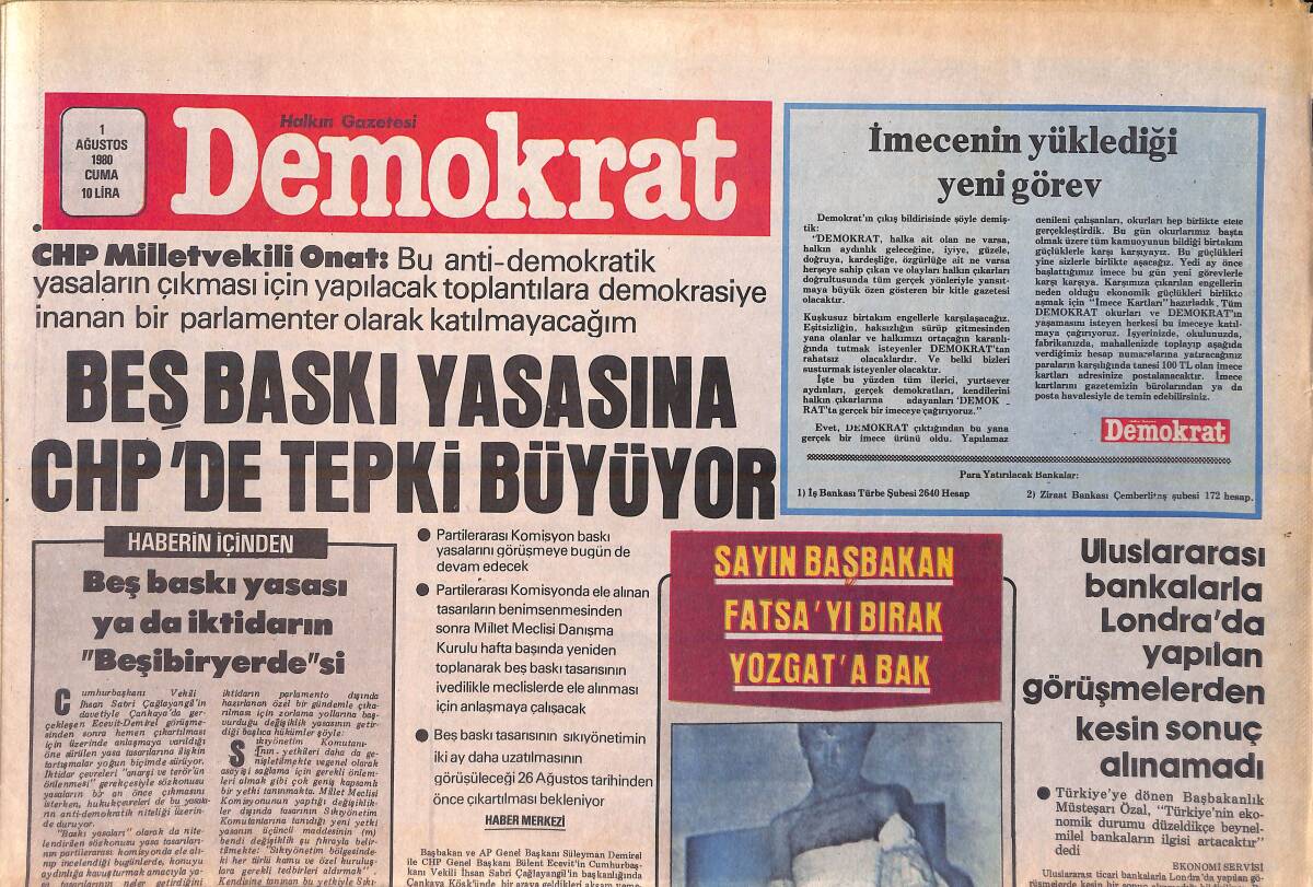Demokrat Gazetesi 1 Ağustos 1980 - Yozgat'ta Solcudur Diyerek Bir İşçinin Sol Yanını Yaktılar - Salvador'da Yeni Bir Darbe Bekleniyor GZ156060 - 1