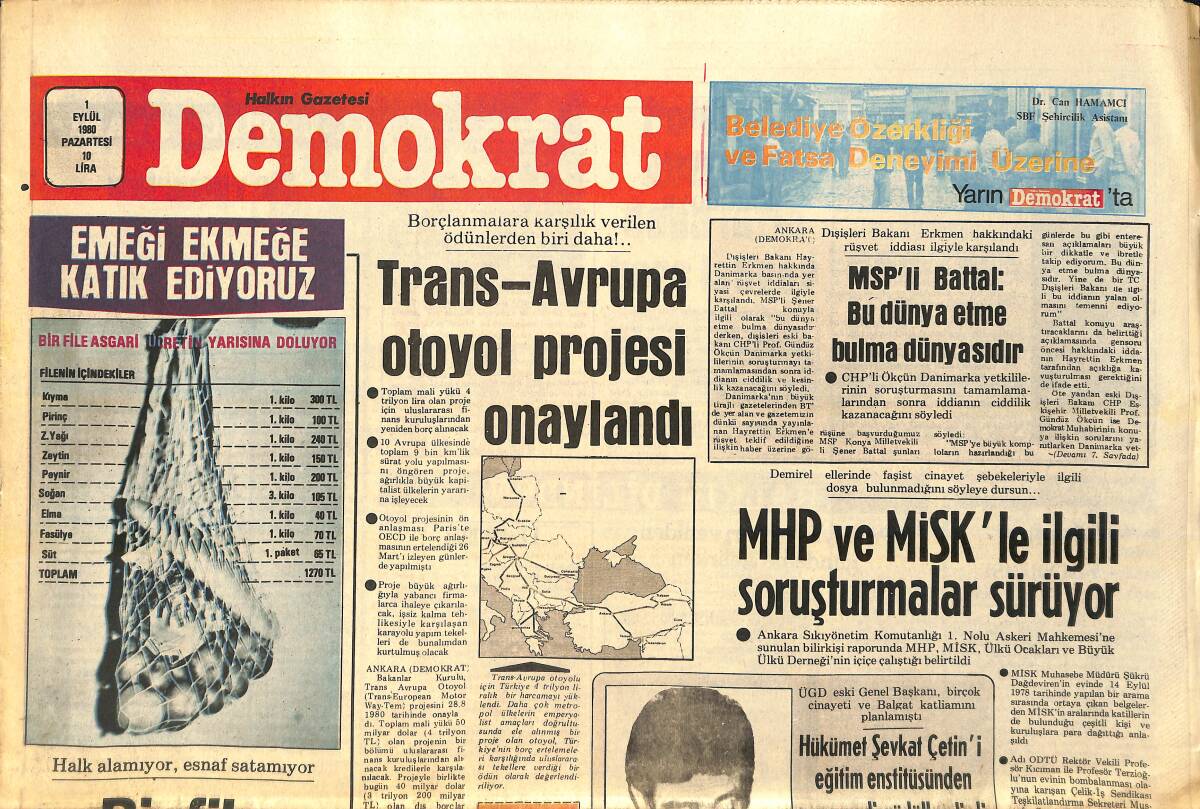 Demokrat Gazetesi 1 Eylül 1980 - Adana'da Tel Gazetesi Matbaası Faşistlerce Yakılmak İstendi - Polonya ABD'den Daha Fazla Borç İstiyor GZ157113 - 1
