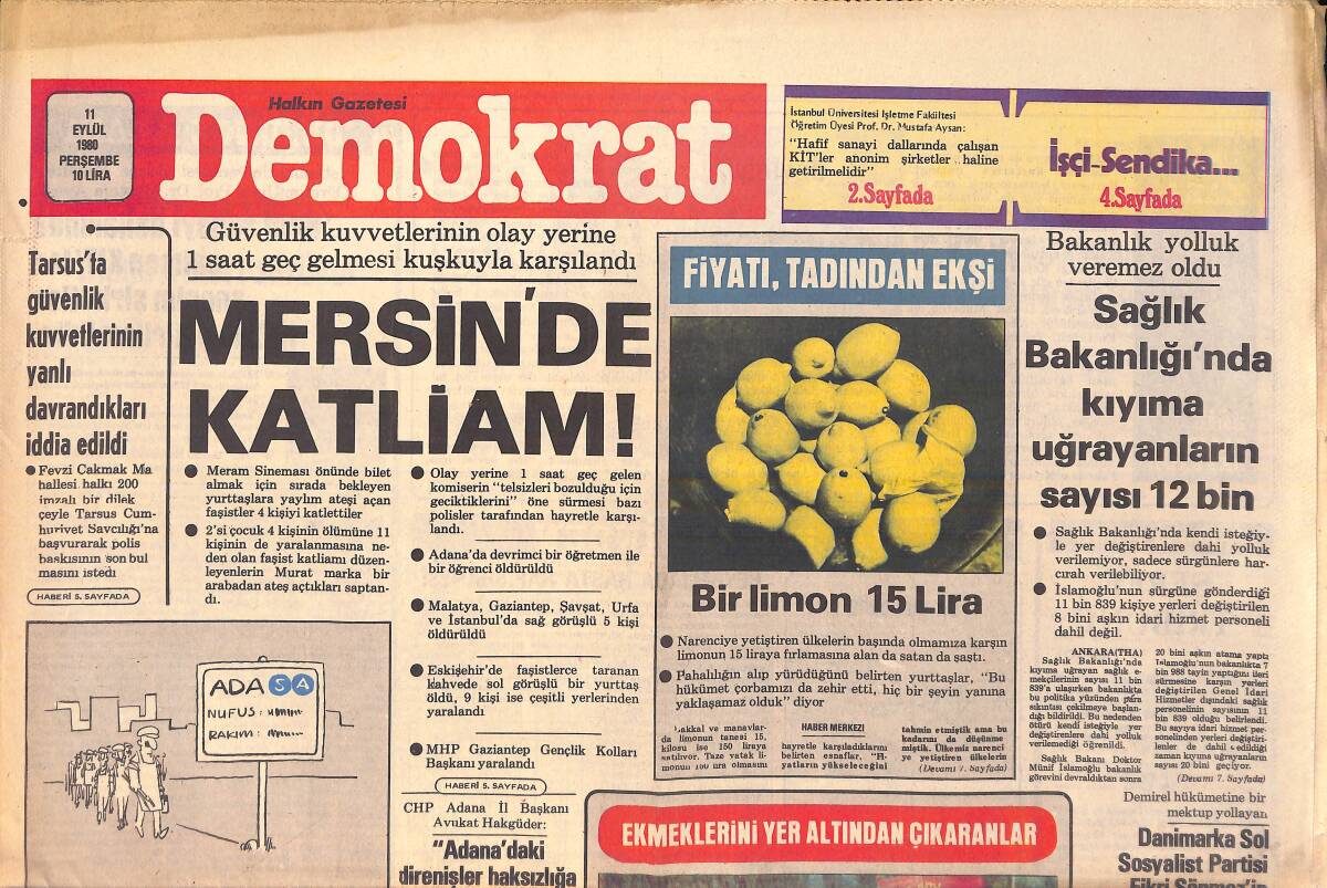 Demokrat Gazetesi 11 Eylül 1980 - Mersin'de Katliam - Faşist Darbenin Perde Arkası GZ156061 - 1