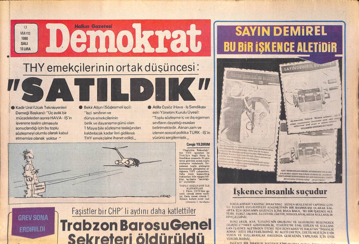 Demokrat Gazetesi 13 Mayıs 1993 - THY Emekçilerinin Ortak Düşüncesi: Satıldık - Trabzon Barosu Genel Sekreteri Öldürüldü GZ156073 - 1