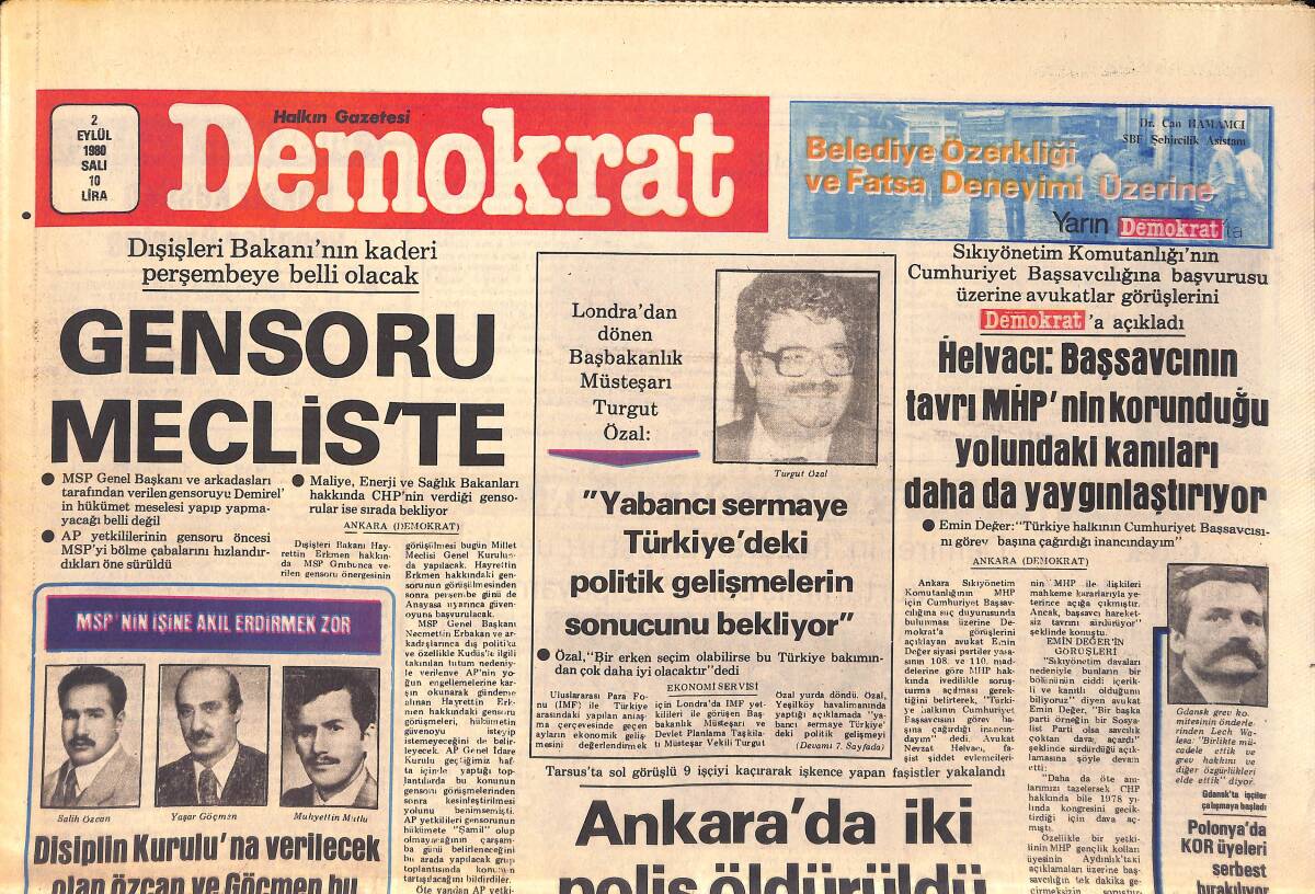 Demokrat Gazetesi 2 Eylül 1980 - Ankara'da İki Polis Öldürüldü - Gensoru Meclis'te GZ156059 - 1