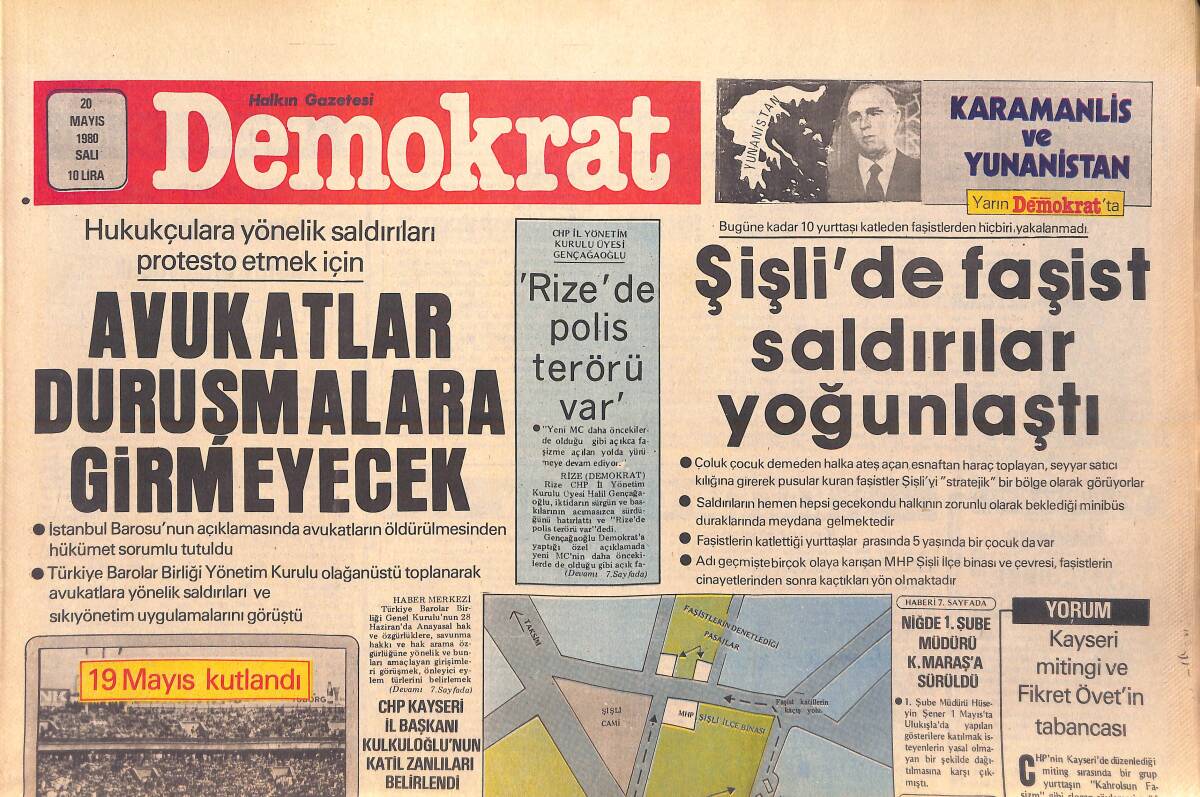 Demokrat Gazetesi 20 Mayıs 1980 - Şişli'de Faşist Saldırılar Yoğunlaştı - Rize'de Polis Terörü Var GZ156056 - 1