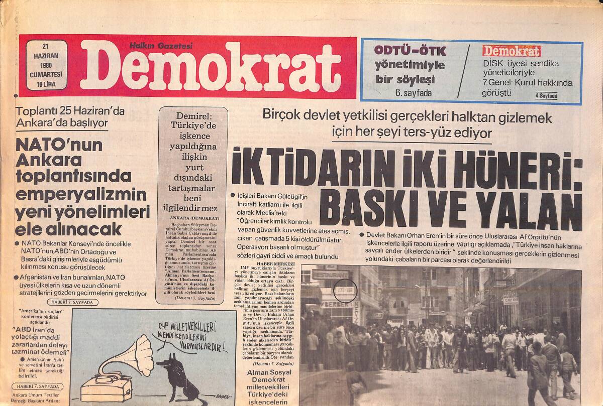 Demokrat Gazetesi 21 Haziran 1980 - Esenle Karakolunda Yurttaşlar Demir Çubuklarla Dövüldü - Nevşehir Valisi Yalan Söylüyor GZ156025 - 1