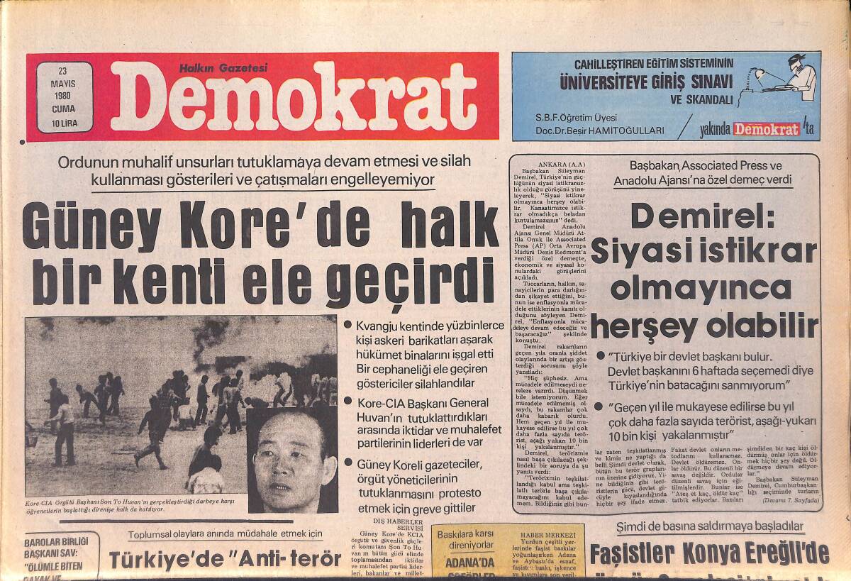 Demokrat Gazetesi 23 Mayıs 1980 - Japonya'da Liberallerin 25 Yıllık Egemenliği Sona Kaldı - Türkiye'de Anti Terör Birliği Kuruldu GZ156055 - 1
