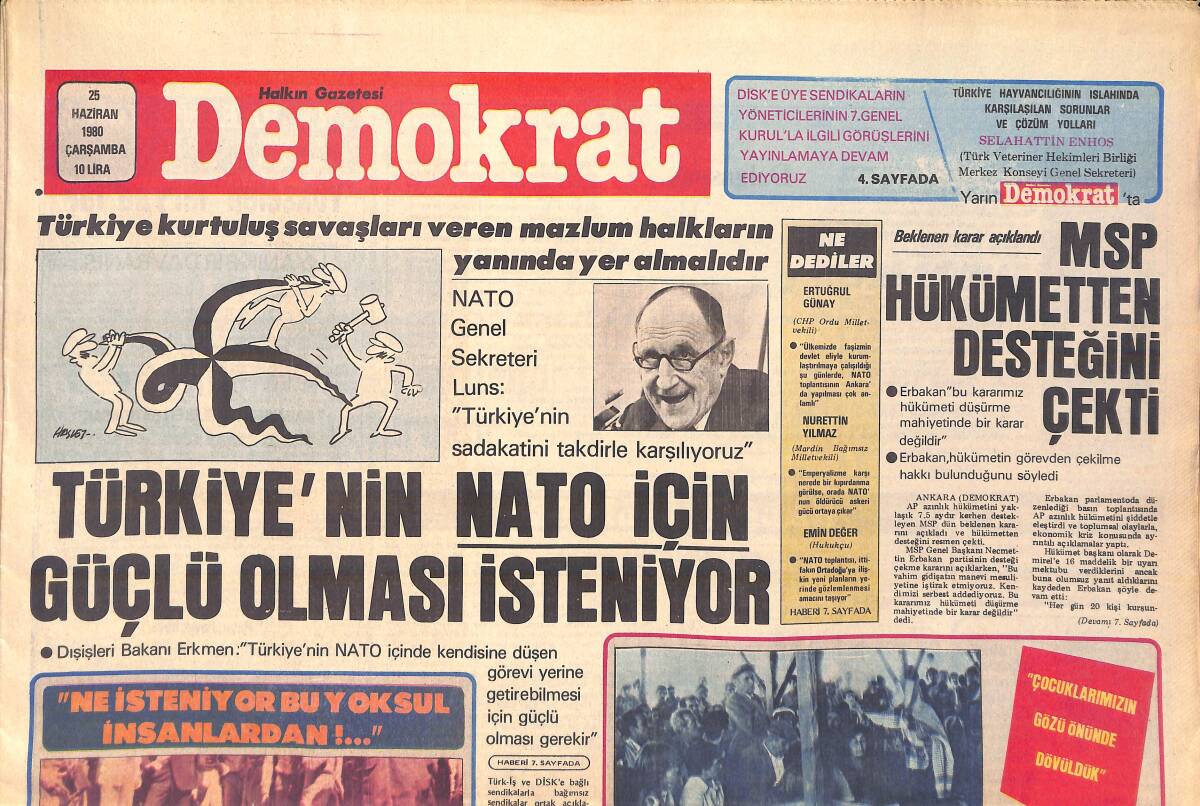 Demokrat Gazetesi 25 Haziran 1980 - Çukurca Katliamı Örtbas Edilmemeli - MSP Hükümetten Desteğini Çekti GZ156029 - 1