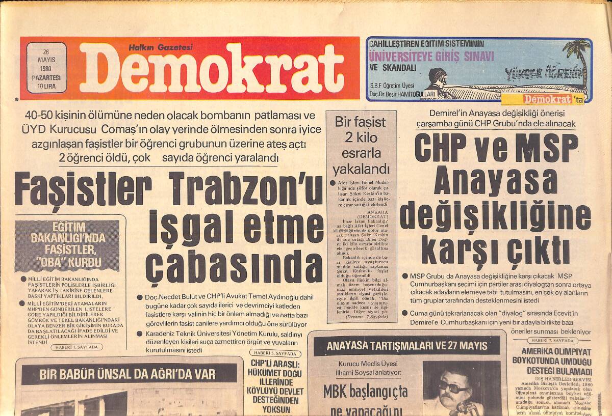 Demokrat Gazetesi 26 Mayıs 1980 - Faşistler Trabzon'u İşgal Etme Çabasında - Erbakan: Müslümanlıkta Irkçılık Yoktur Dedi GZ156053 - 1