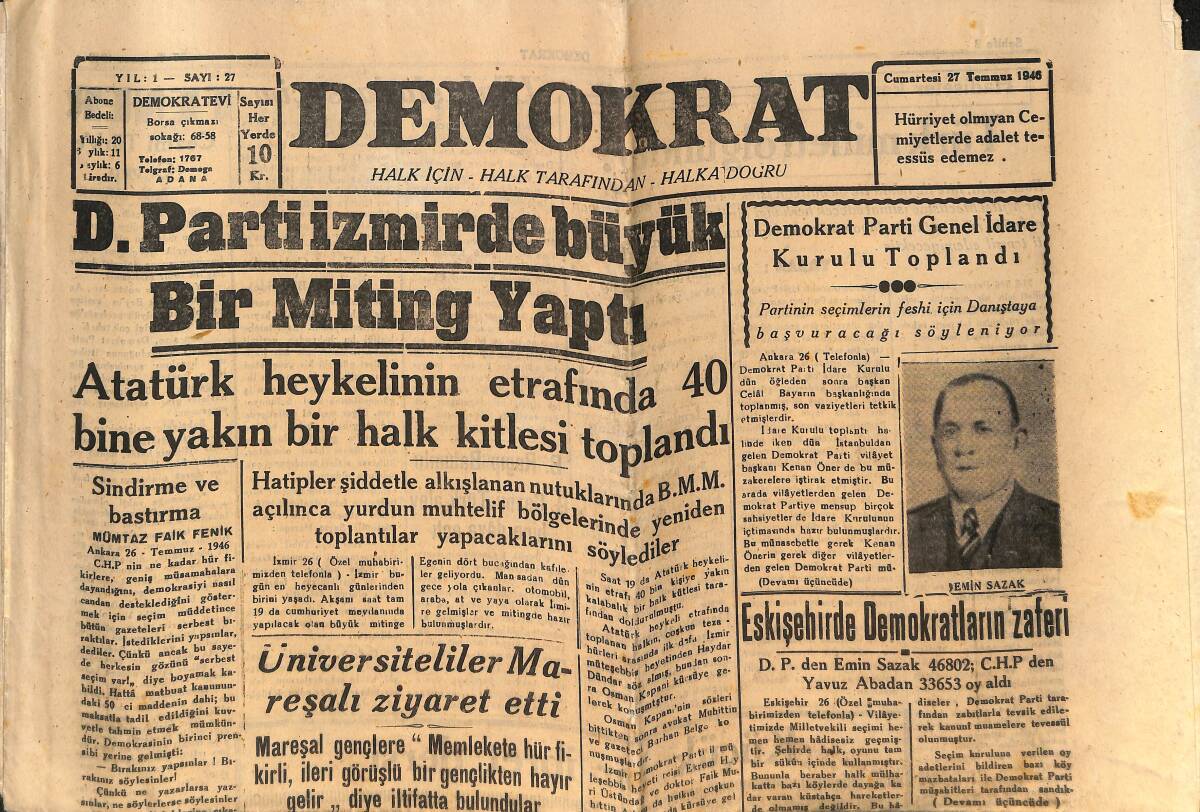 Demokrat Gazetesi 27 Temmuz 1946 - Eskişehir'de Demokratların Zaferi - Atatürk Heykelinin Etrafında 40 Bine Yakın Bir Halk Kitlesi Toplandı GZ146786 - 1