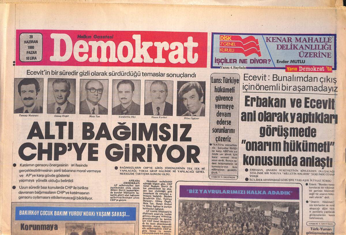 Demokrat Gazetesi 29 Haziran 1980 - Erbakan Ve Ecevit Ani Olarak Yaptıkları Görüşmede Onarım Hükümeti Konusunda Anlaştı GZ156027 - 1
