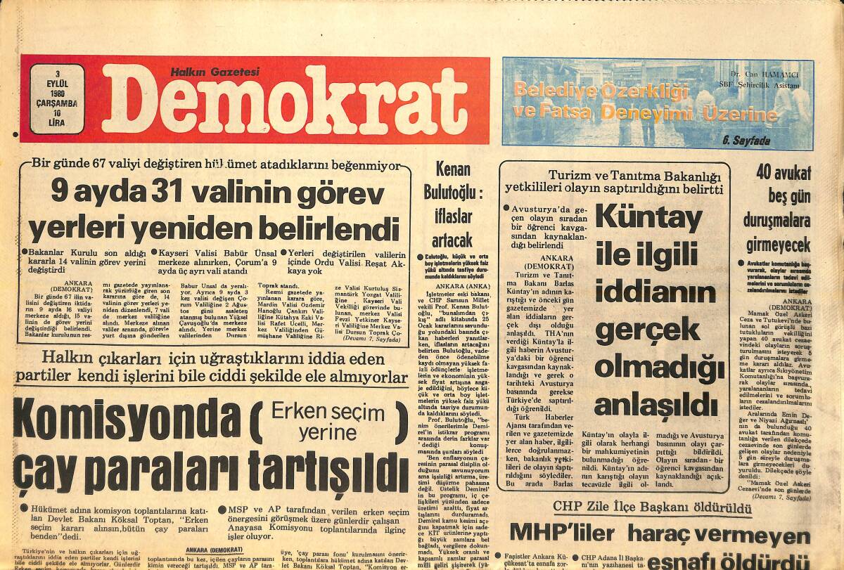 Demokrat Gazetesi 3 Eylül 1980 - MHP'liler Haraç Vermeyen Esnafı Öldürdü - Rady Fish'le 10 Gün GZ157112 - 1