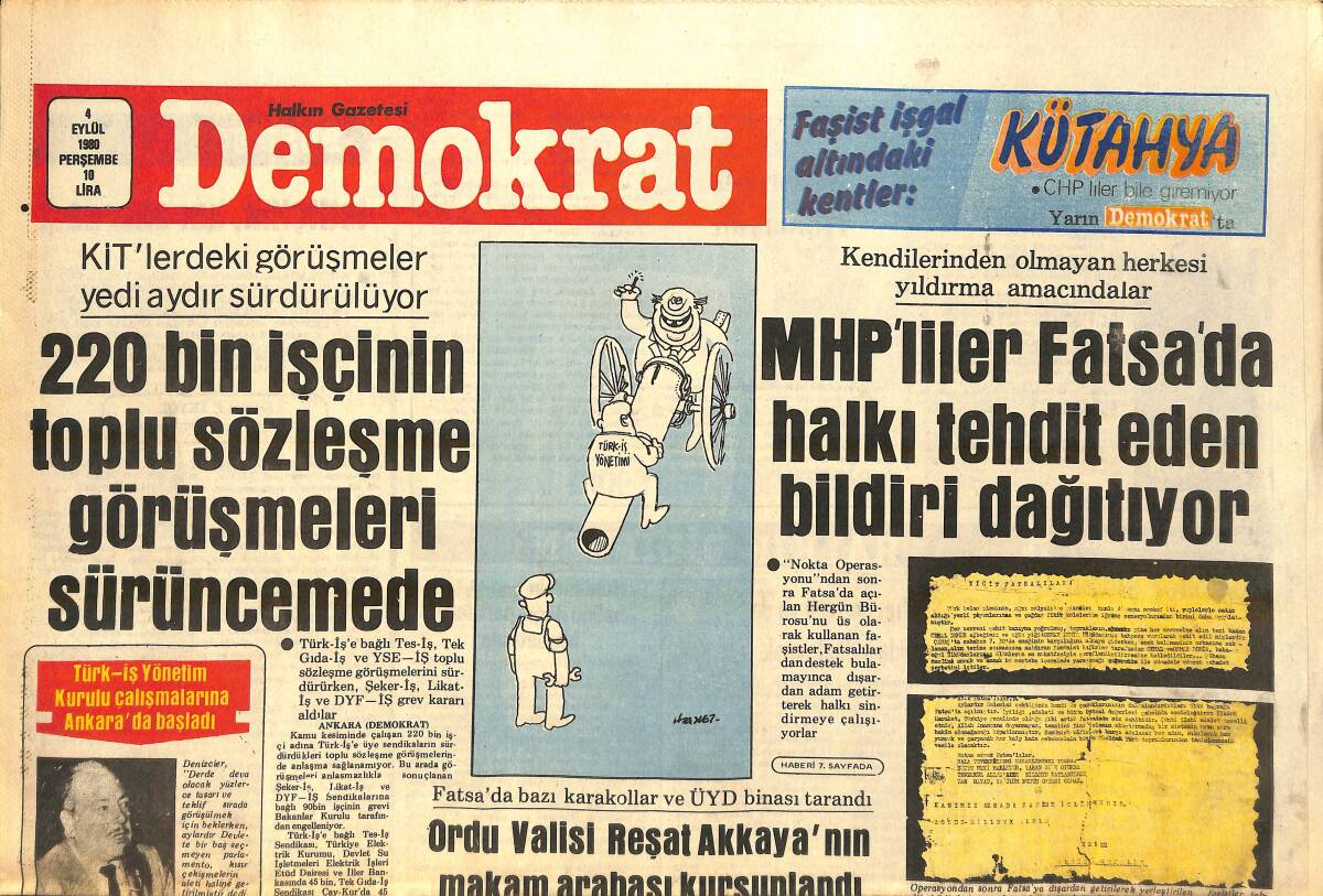 Demokrat Gazetesi 4 Eylül 1980 - Ordu Valisi Akkaya'nın Makam Arabası Kurşunlandı - Türk Yunan Görüşmeleri Yeniden Başlıyor GZ157111 - 1