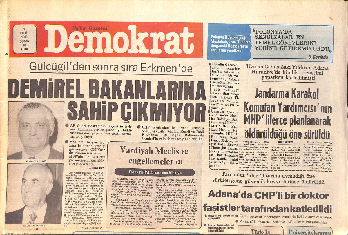 Demokrat Gazetesi 5 Eylül 1980 - Demirel Bakanlarına Sahip Çıkmıyor - Elverdi Sancar'a Et Kafalı Dedi GZ156064 - 1