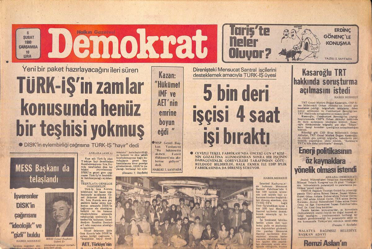 Demokrat Gazetesi 6 Şubat 1980 - Fatsa'da Zamlar Protesto Edildi - Yunanistan'da 600 Bin Çiftçi Greve Gitti GZ156028 - 1