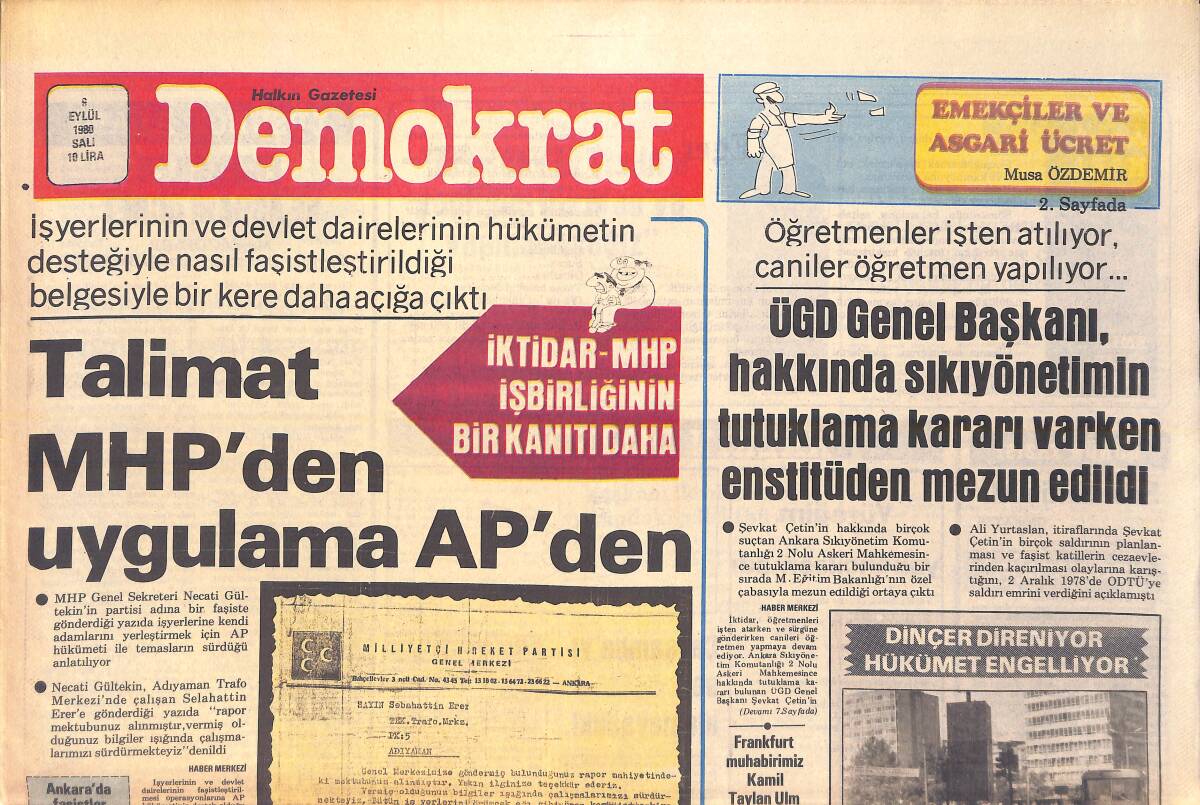 Demokrat Gazetesi 9 Eylül 1980 - Talimat MHP'den Uygulama AP'den - Adana'da 7 Bin İşçi Direnişte GZ156062 - 1
