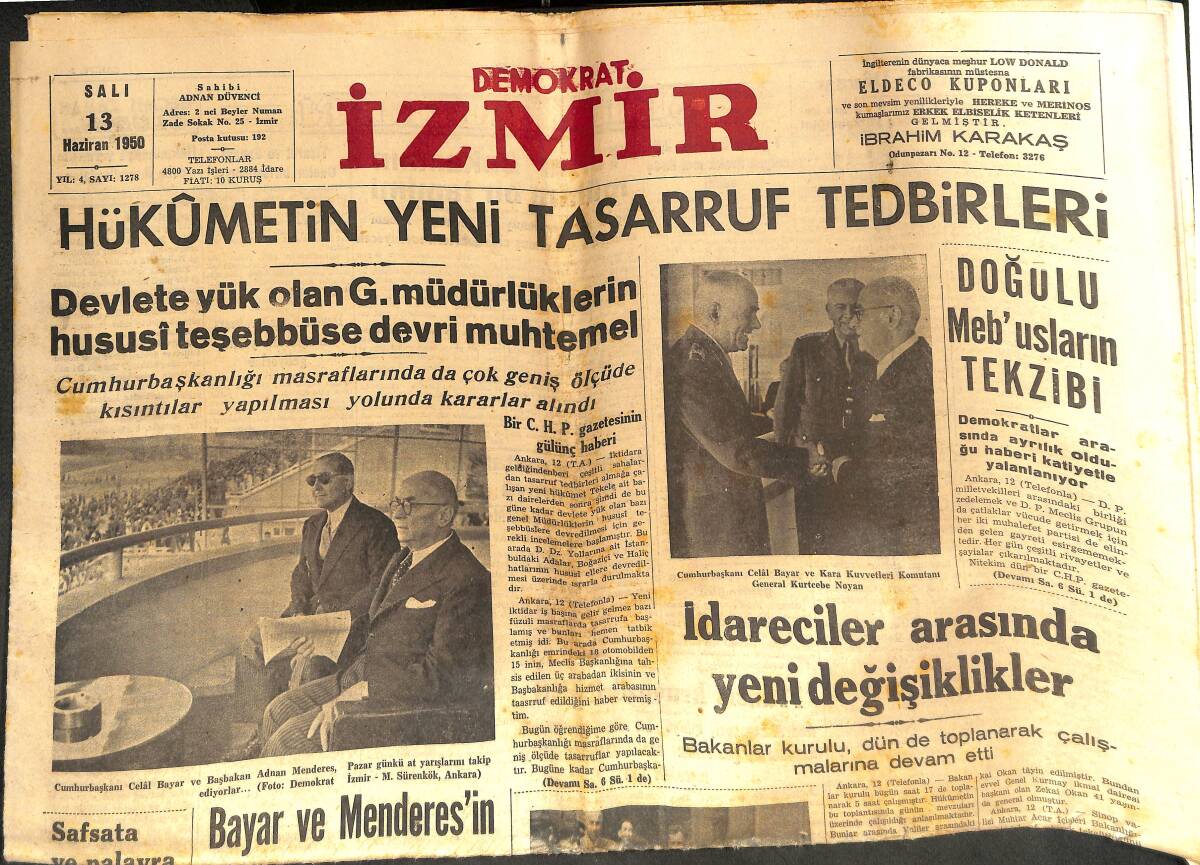 Demokrat Gazetesi İzmir Eki 13 Haziran 1950 - Hükümetin Yeni Tasarruf Tedbirleri - Arap Birliğinde Çıkan İhtilaf GZ142530 - 1