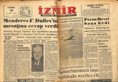 Demokrat İzmir Gazetesi 21 Eylül 1955 - Menderes F. Dullesin Mesajına Cevap Verdi GZ116019 - 1