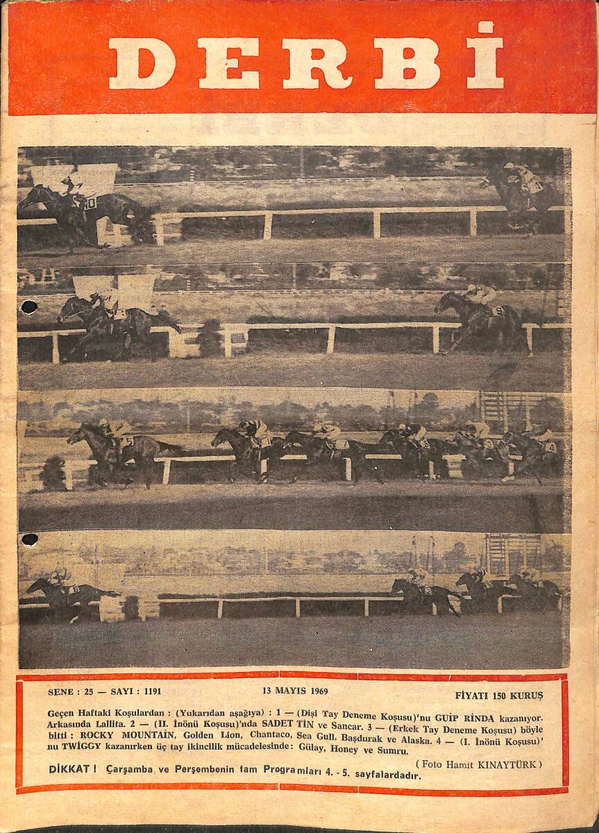 Derbi Dergisi Yarış Ve Spor Mecmuası 13 Mayıs 1969 Sayı 1191 - İngiliz Handikapını Alcyon Kazandı NDR93239 - 1